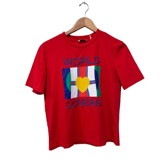 Sandro Crew Neck Short Sleeve Embroidery World Lovers Graphic T-Shirt Red Small - Picture 2 of 10